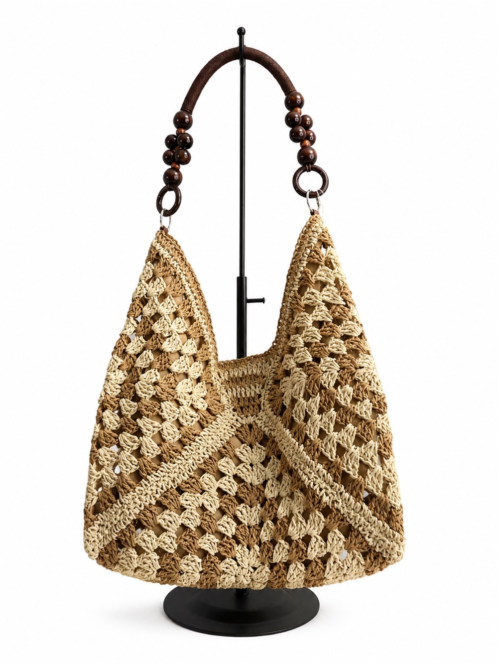 Handwoven Crochet Hobo Bag with Beaded Handle - Natural Beige